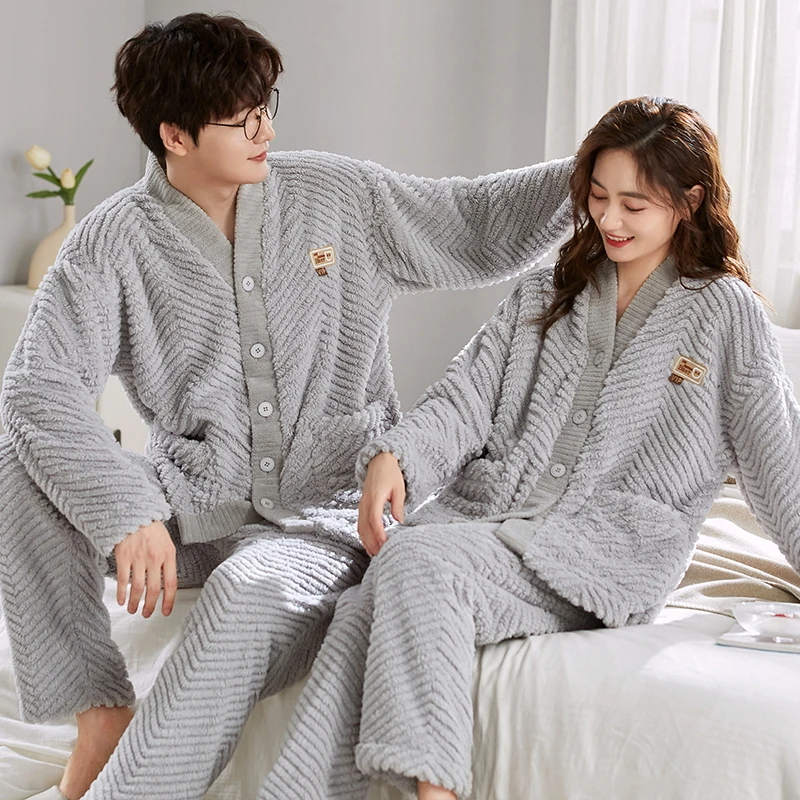 Japan Kimono Coral Fleece Pajamas Set for Couples Women and Men Matching Cardigan Sleepwear Young Girl Boy Pyjamas Mujer Hombre