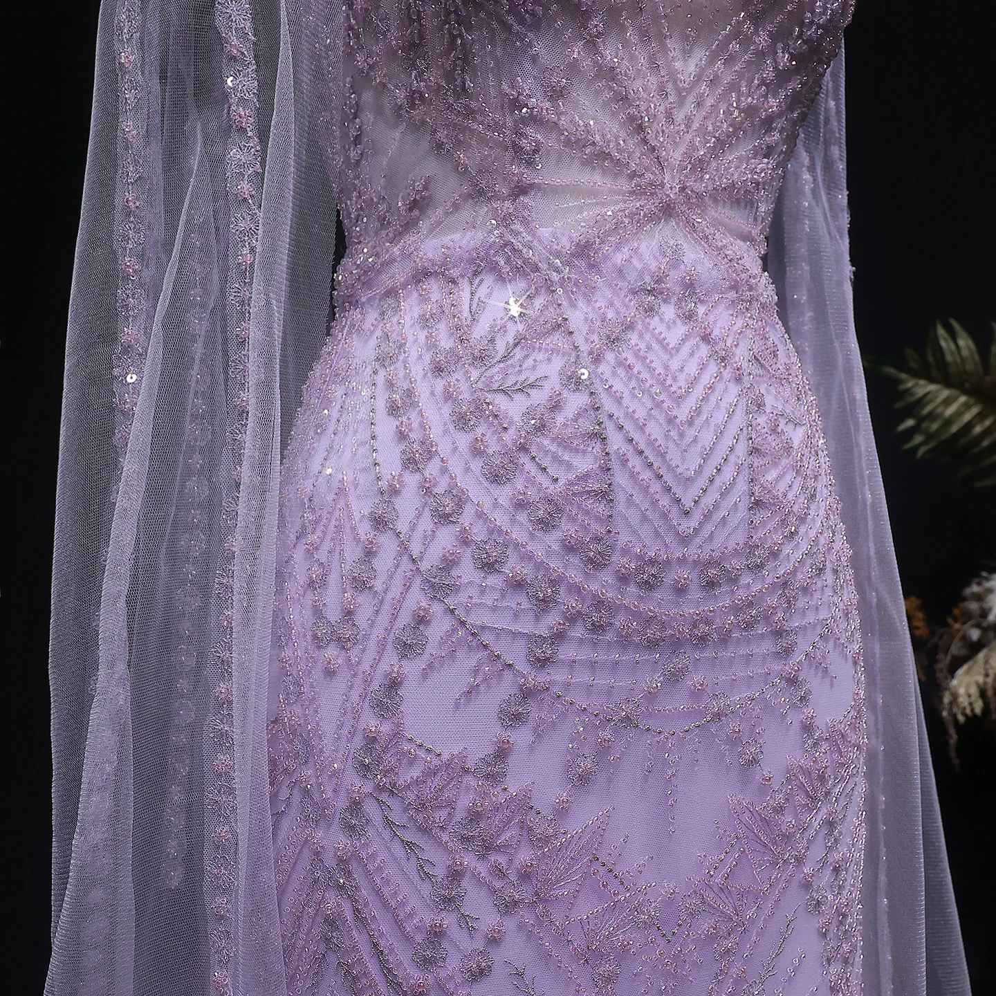 Sharon Said Elegante Fliederfarbene Meerjungfrauen-Abendkleider mit Cape-Ärmeln, Luxuriös Perlenbestickte Arabische Damen-Abendkleider SS019 Maßanfertigung – Detail 8