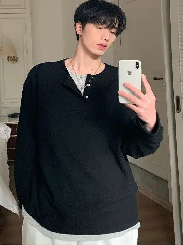 

Весенне-осенняя двухсекционная длинная футболка в полоску Генри, свободная модная корейская футболка для похудения, повседневная модная ацетатная волокно