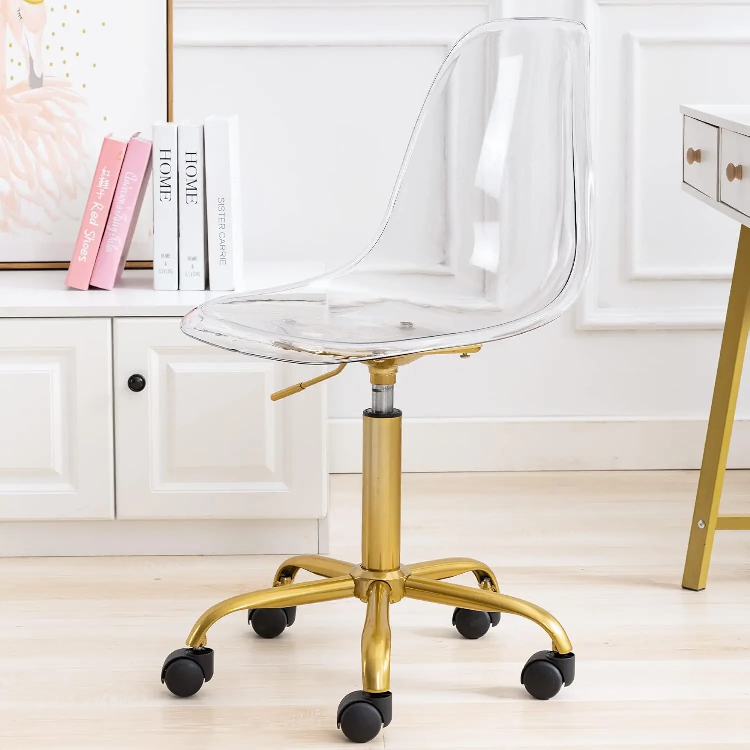 Clear Desk Chair, Armless Acrylic Desk Chair with Golden Feet Swivel Molded Plastic Vanity Chair Adjustable Home Office Chair