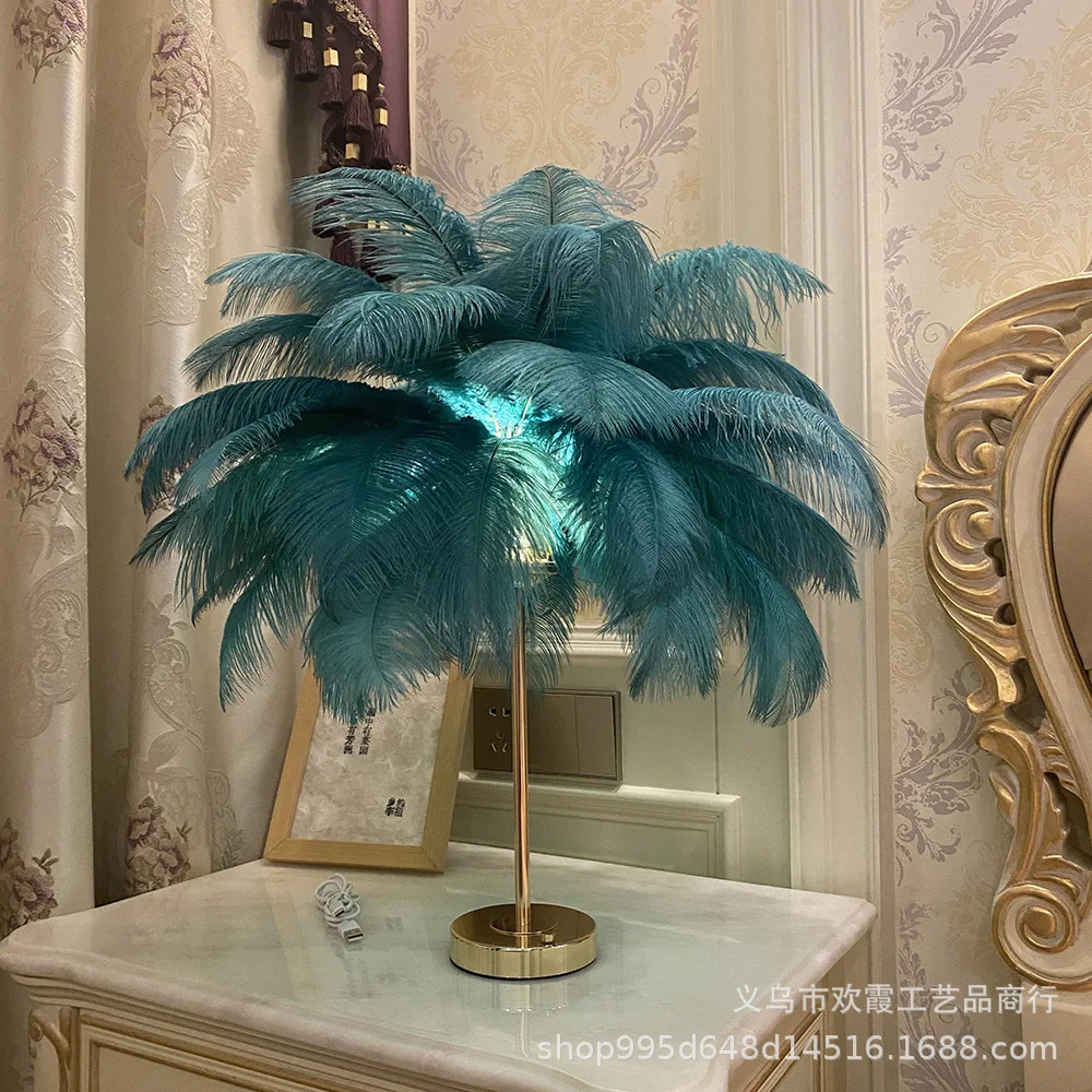 Rechargeable Portable Ostrich Feather Bedroom Bedside Lamp Creative Nordic Romantic Night Light Warm Home Decor LED