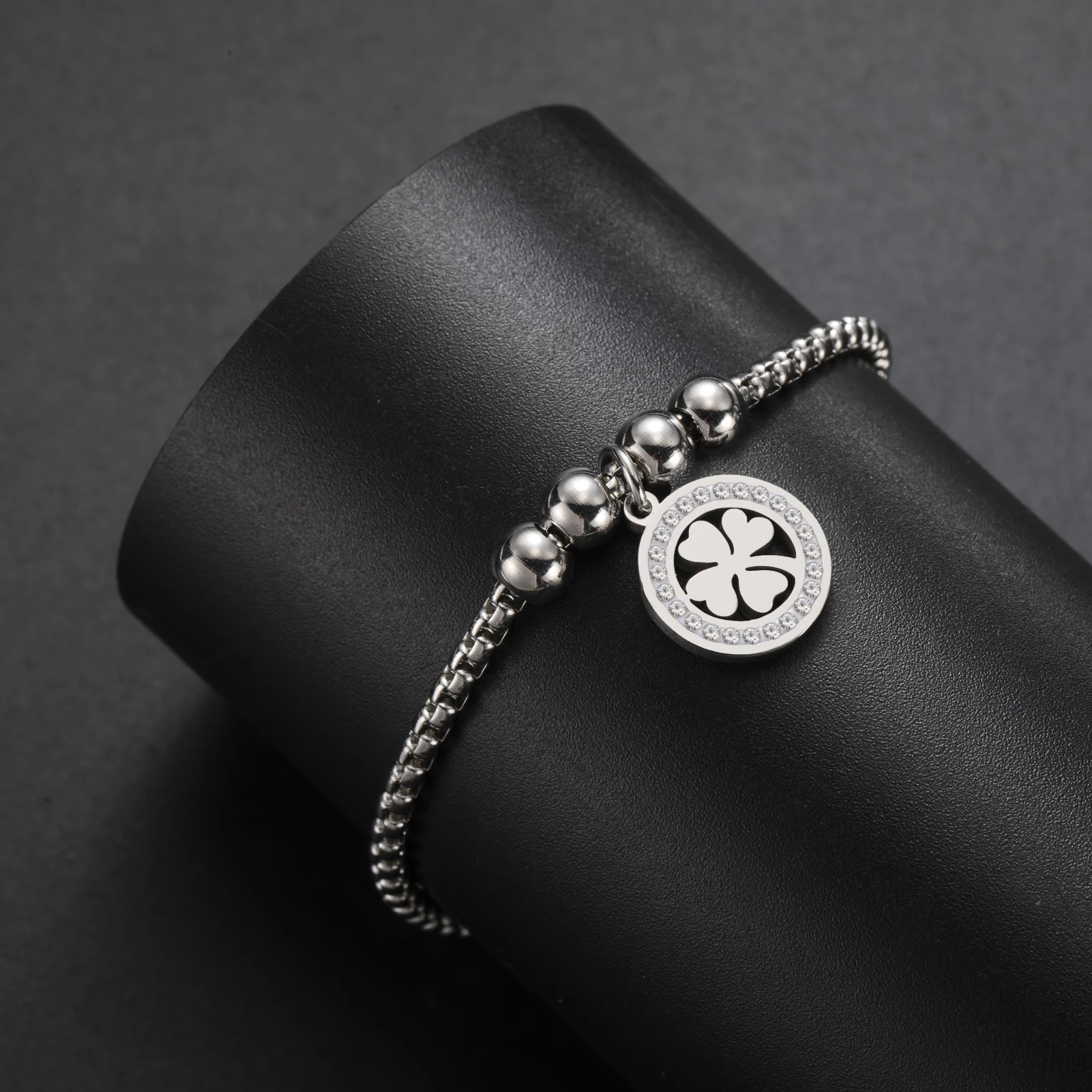 COOLTIME Edelstahl Runde Klee Armbänder Frauen Mode Klassische Zirkon Kristall Armband für Frauen Schmuck Geburtstag Geschenke – Detail 15
