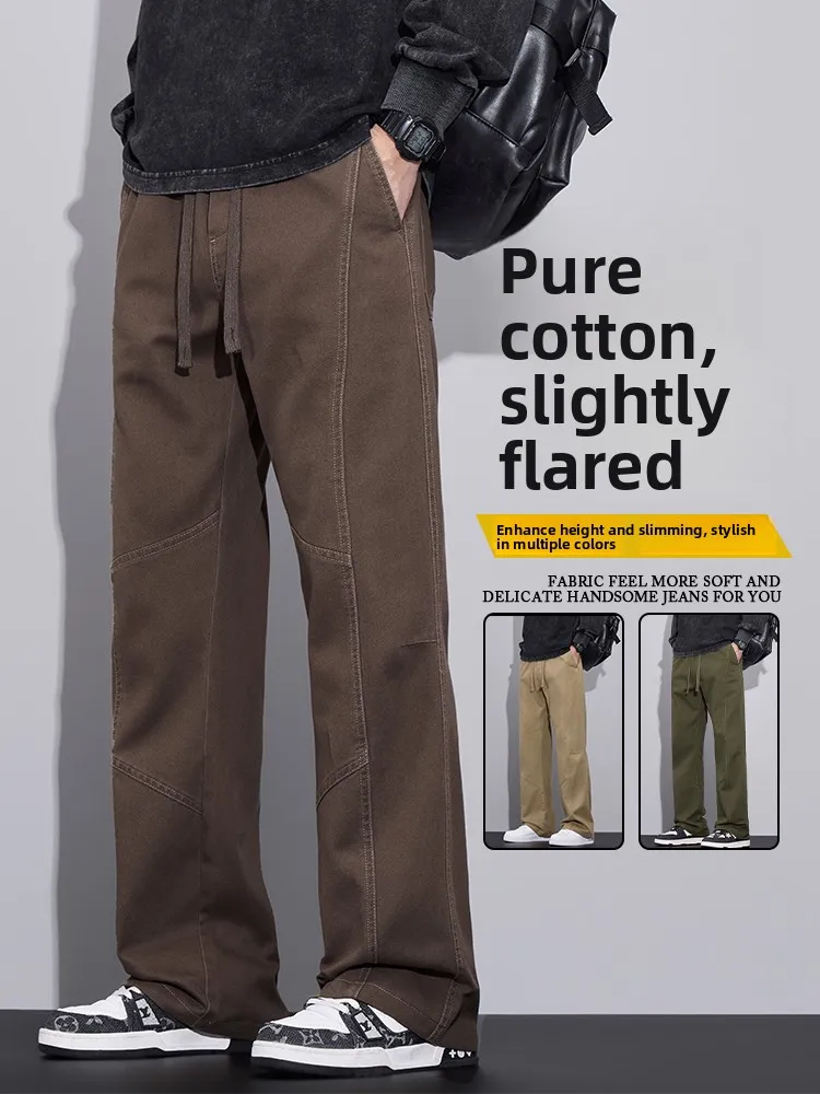 

Мужские повседневные брюки из чистого хлопка прямого кроя, осенне-зимние, в американском стиле, свободного кроя, с завязками, длинные