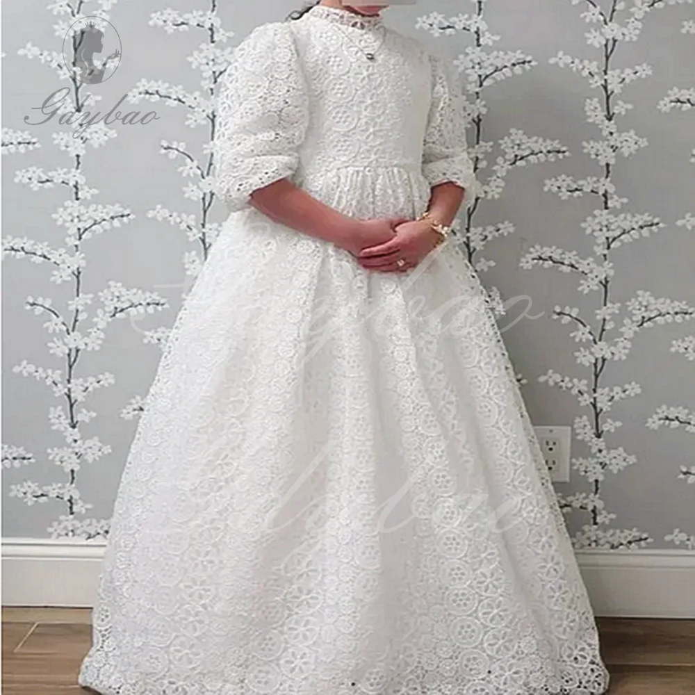 Vestido de encaje blanco para niña, vestido de tul para boda, cuello alto hinchado, fiesta de cumpleaños para niños, vestidos de baile de primera comunión