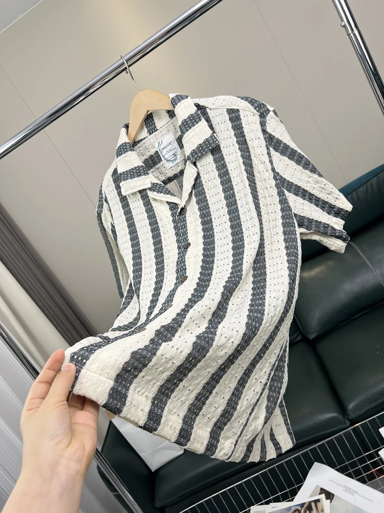 

Retro Striped Hollow out Short Sleeve Shirt Men's Summer Casual Versatile Loose Fit Breathable Standard Style Fashion Urban Y...