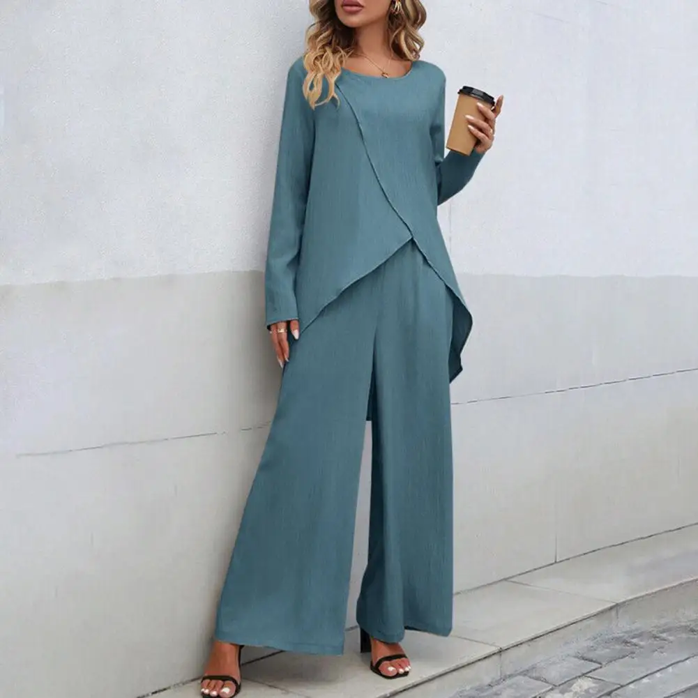 Women Wide Leg Pants Set Women Solid Color Outfit Chic Women's 2-piece Set Irregular Hem Blouse Wide Leg Trousers for Commute