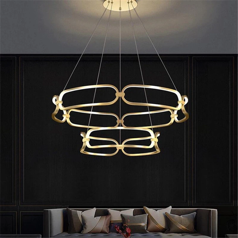 Luxury Ring Chandelier Lighting Mid Century Modern Lighting Gold Led Chandelier Nordic Villa Living Dining Room Pendant Lights