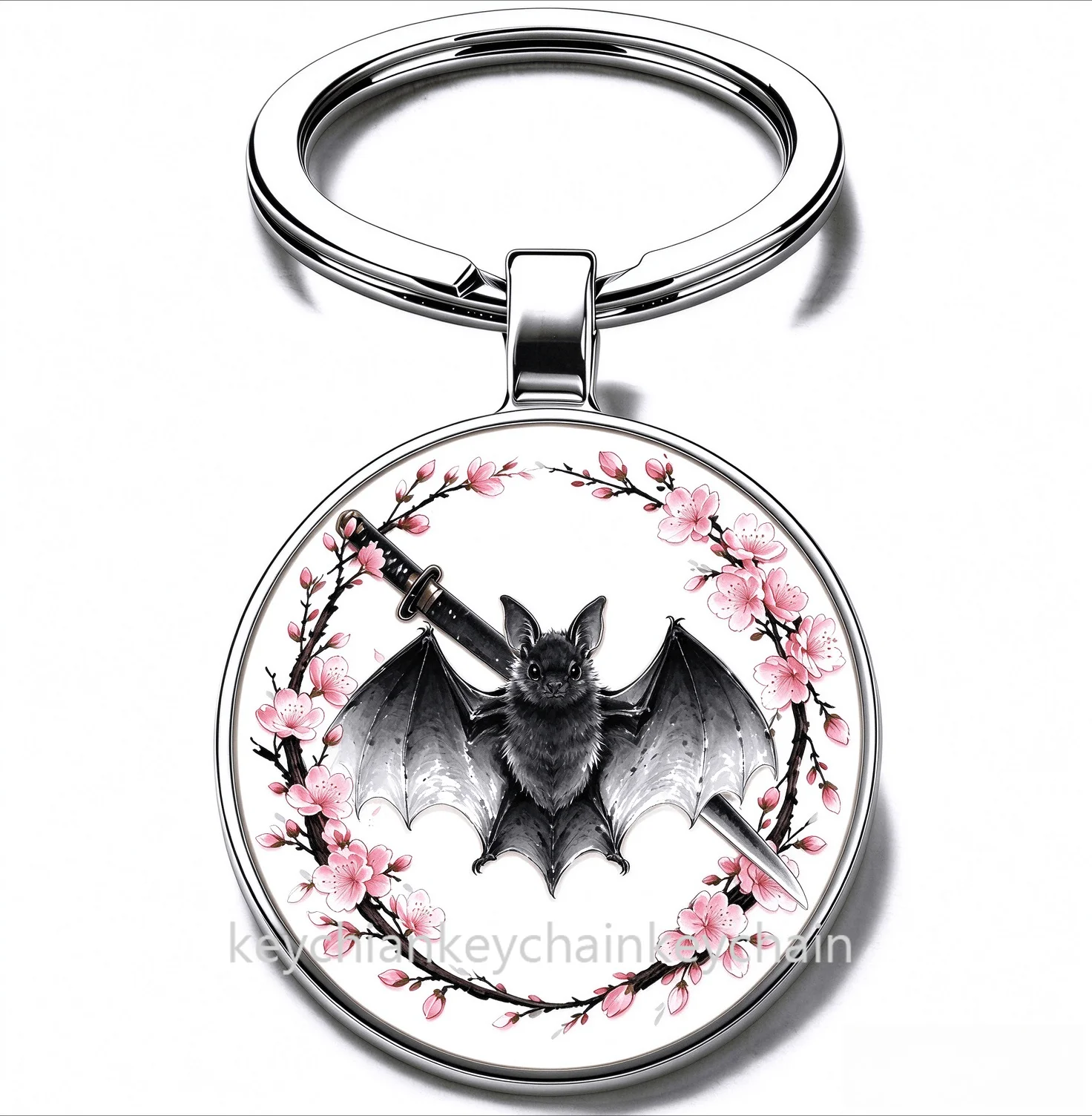 Japanese Winged bat Cherry Blossom Katana Keychain Samurai Sword Sakura Wreath Key Ring Car Bag Pendant Men Gift