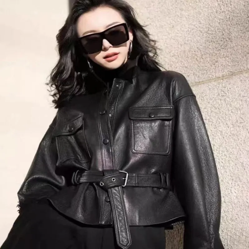 Trendy Women's Models Autumn Spring Outerwear Tops Leather Jacket Short Buttons Loose Fashion Premium Design Leisure Simple
