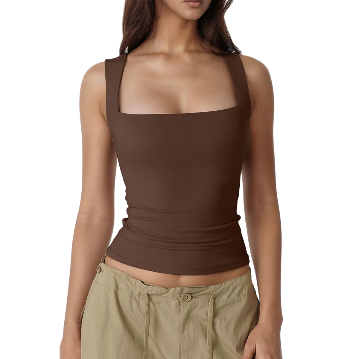 FZFZ レディース スクエアネック ノースリーブ タンクトップ コーヒー M