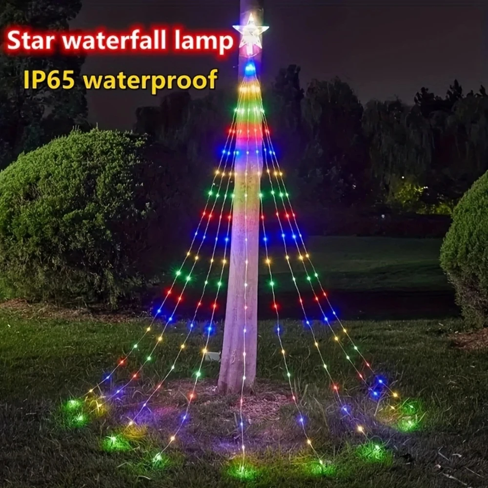 198 luces LED para árbol de Navidad, luces de estrella de cinco puntas, Control remoto, USB, 8 modos, luz de hadas impermeable, decoración navideña