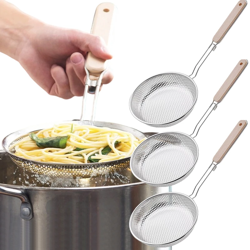 

Strainer Stainless Steel Skimmer Wide Mouth Wood Handle Kitchen Tool for Noodles Dumplings Frying Pasta Hot Pot Oil Filter Sieve