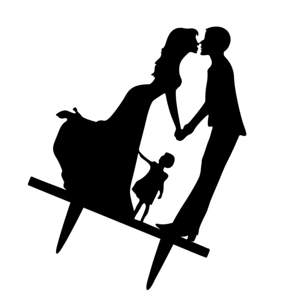 2X Romantic Bride & Groom Silhouette with Kid Acrylic Wedding Cake Topper