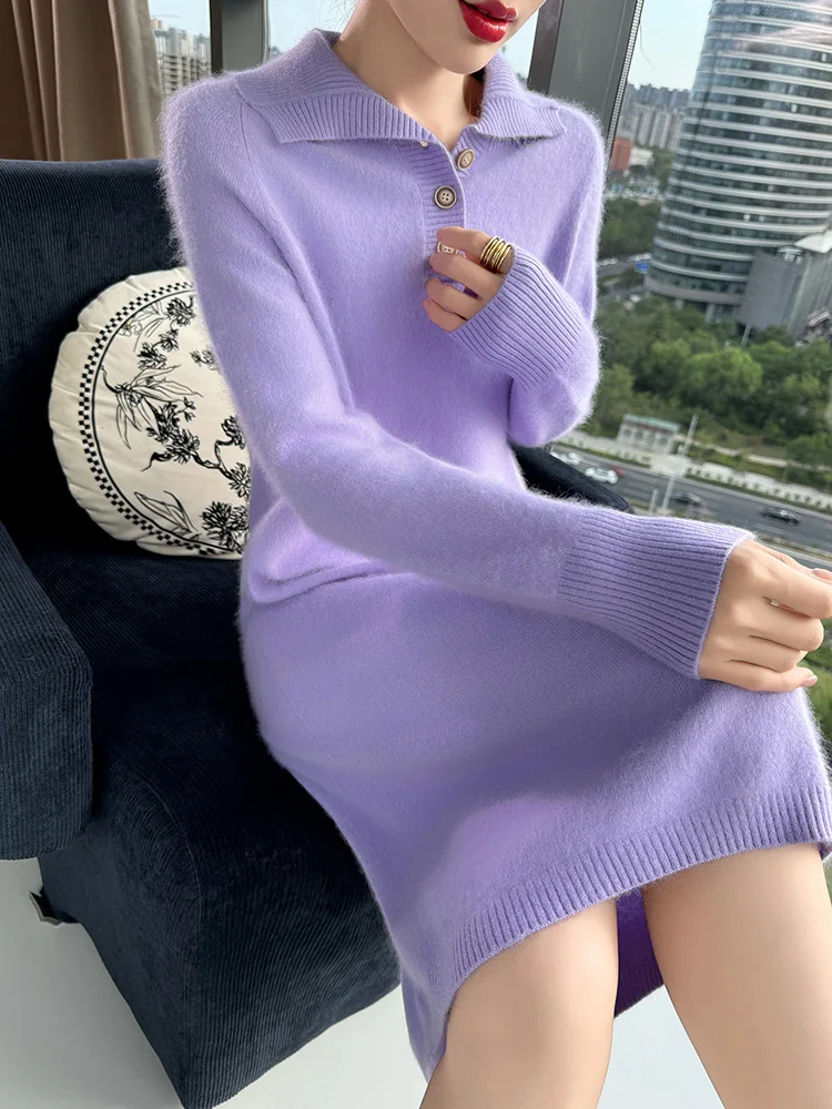 

TLOML New Women's 100% Mink Cashmere Polo Collar Pullover Dress Casual Style Autumn Winter Slim Soft Warm Cashmere Knitted Dress