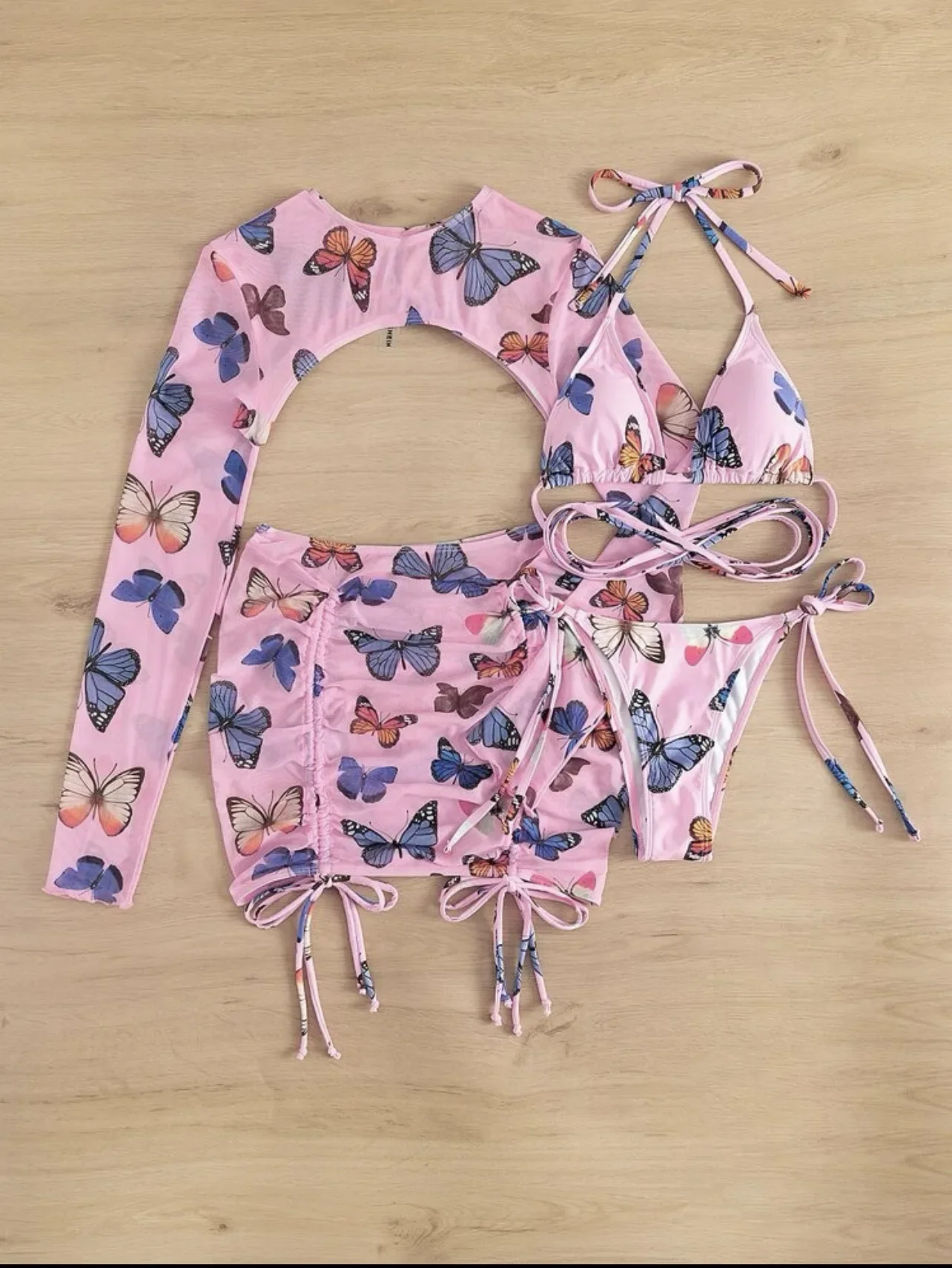 

sexy butterfly print bikinis sets 4pcs with long sleeve crop top drawstring mini skirt swimwear swimsuit bathing suit biquini