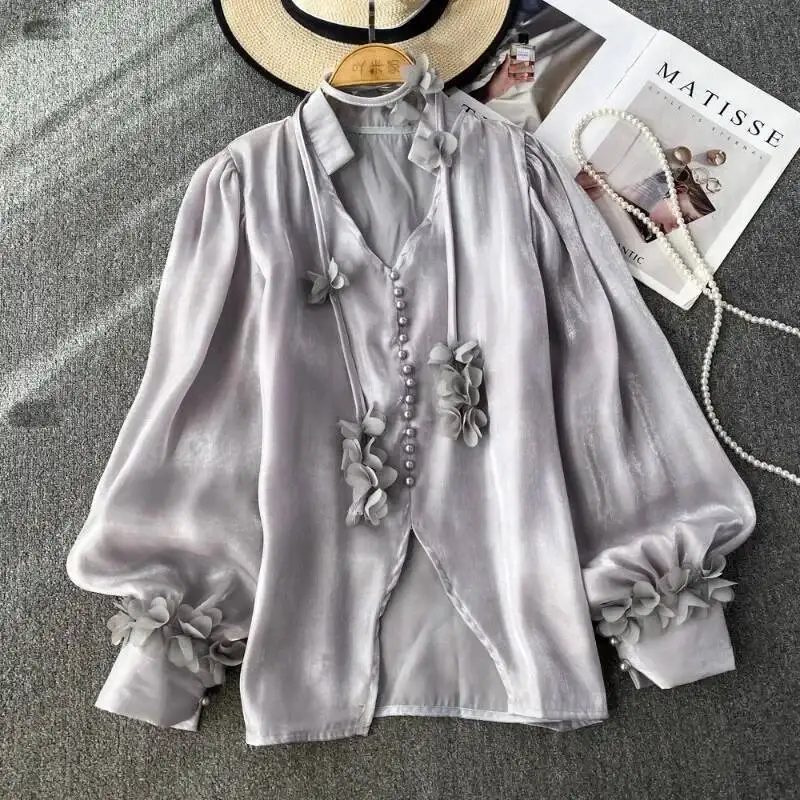 BabYoung Sweet Pink Loose Chiffon Blusas Mujer Autumn New V-Neck Lace Up Shirts Women Y2k E-Girl Lantern Sleeve Blouses