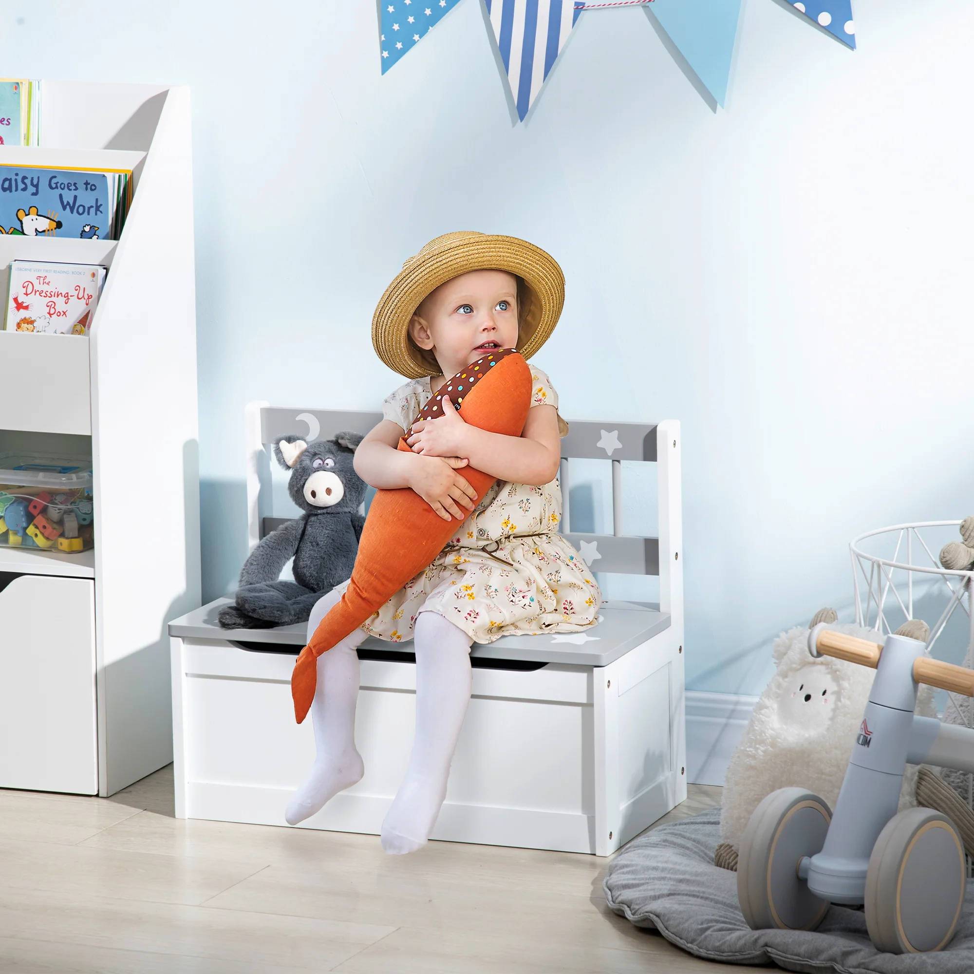 2-IN-1 Toy Chest, Kids Storage Bench Cabinet with Safety Pneumatic Rod, Grey