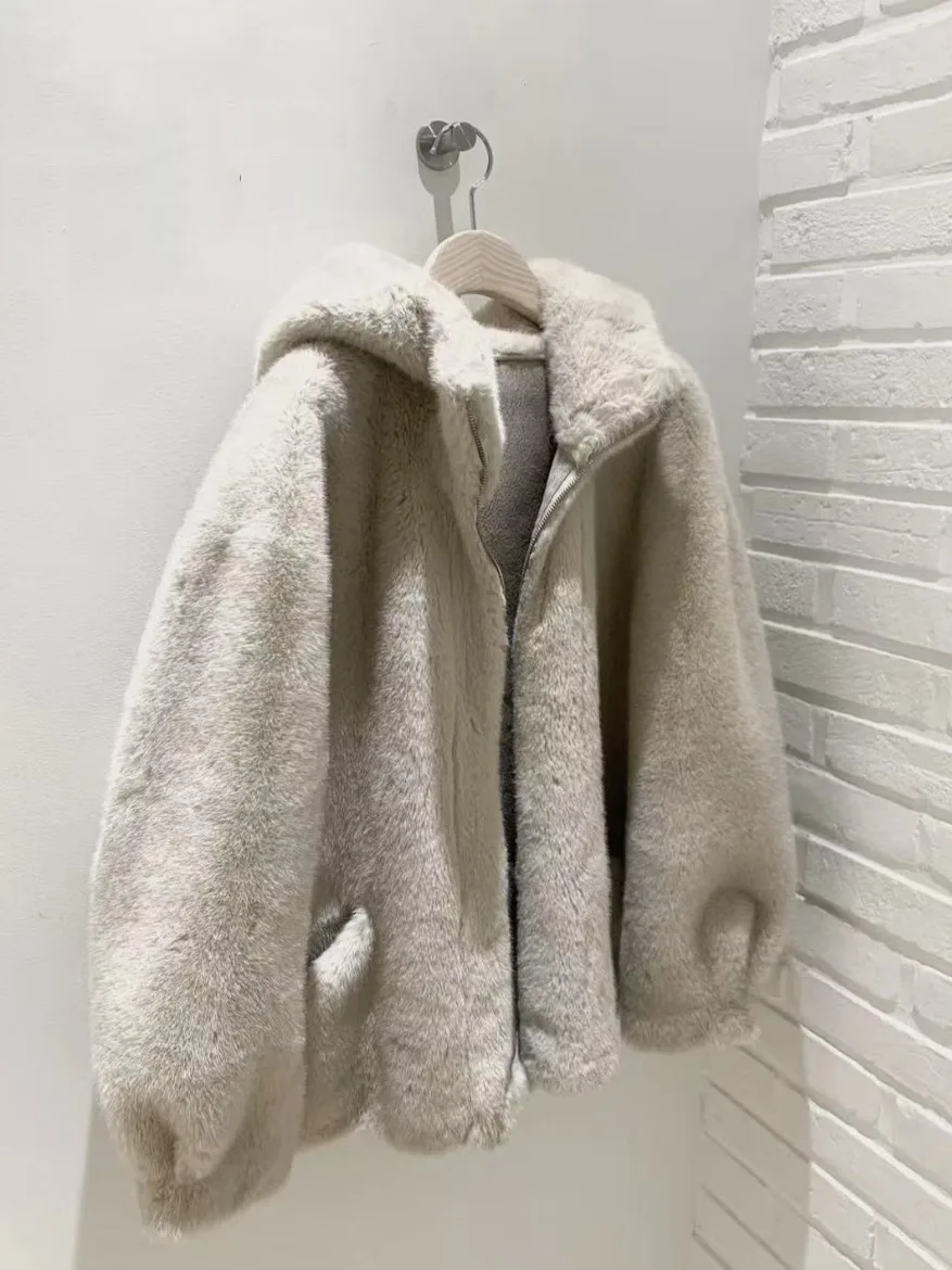 Abrigo coreano Sle redondo Ne con forro de piel, sombrero de cuero integrado, abrigo ort holgado para mujer, cierre de cremallera, prendas de vestir exteriores de invierno