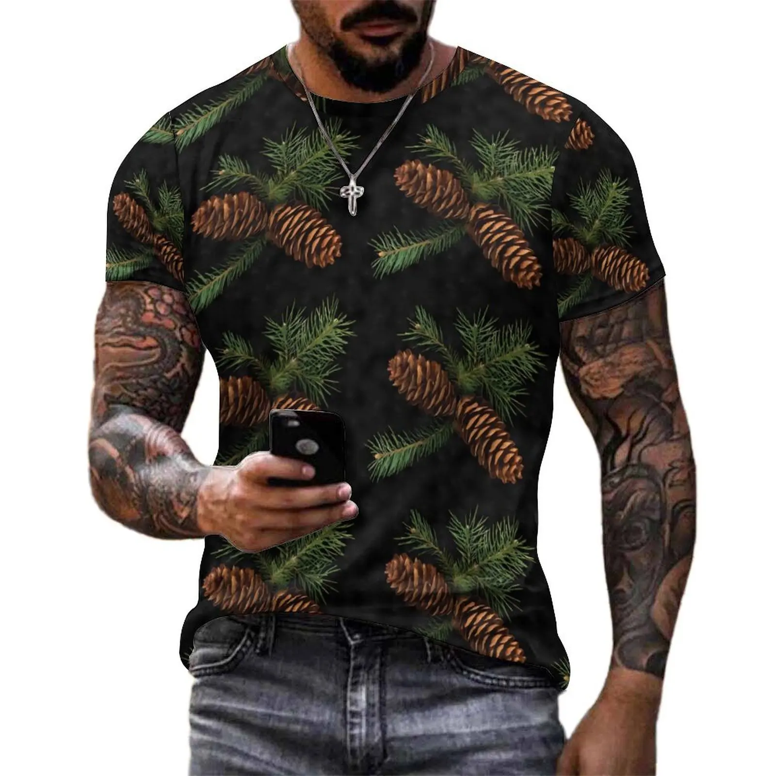 Big Size T-Shirt Premium Watercolor Pine Cones T Shirts Woodland Street Style O-Neck Tshirt Men Harajuku Custom Tees