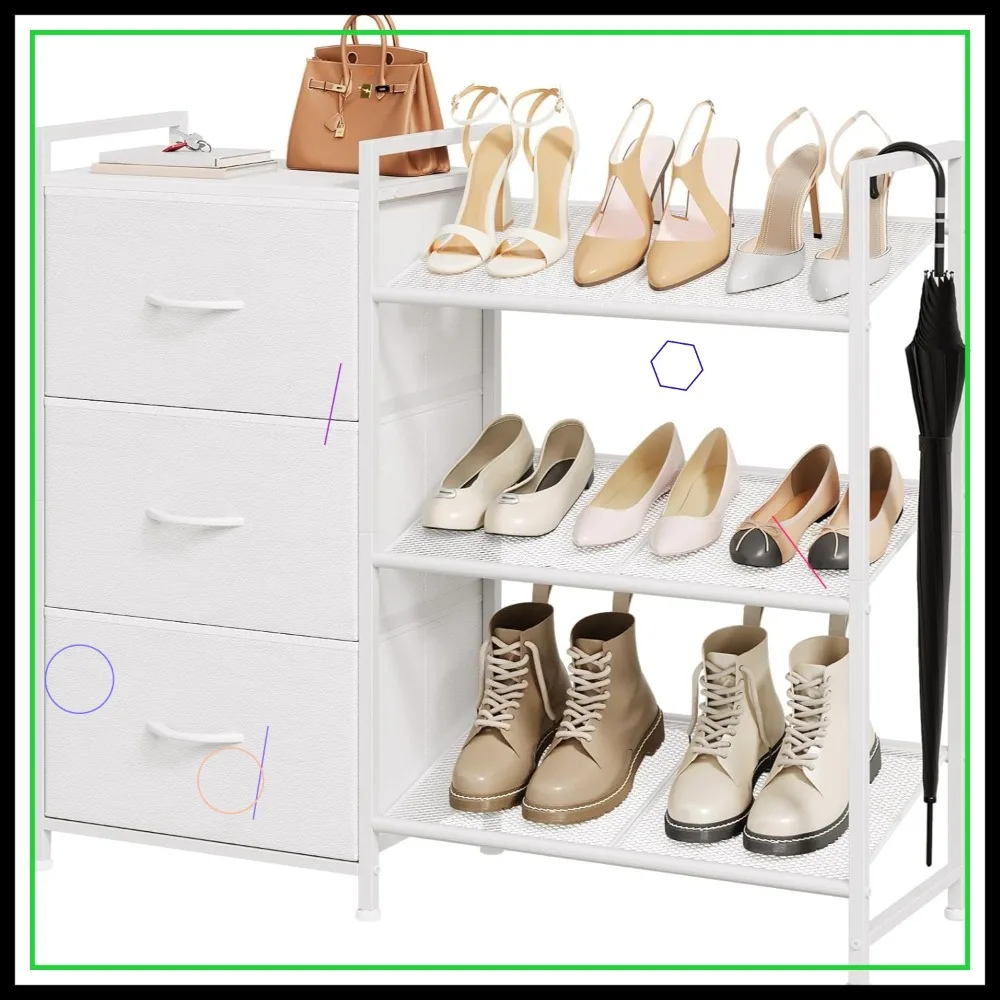 

3-Tier Shoe Organizer with 3 Drawers, Narrow Metal Storage Shelf for 6-9 Pairs, Entryway Space Saver