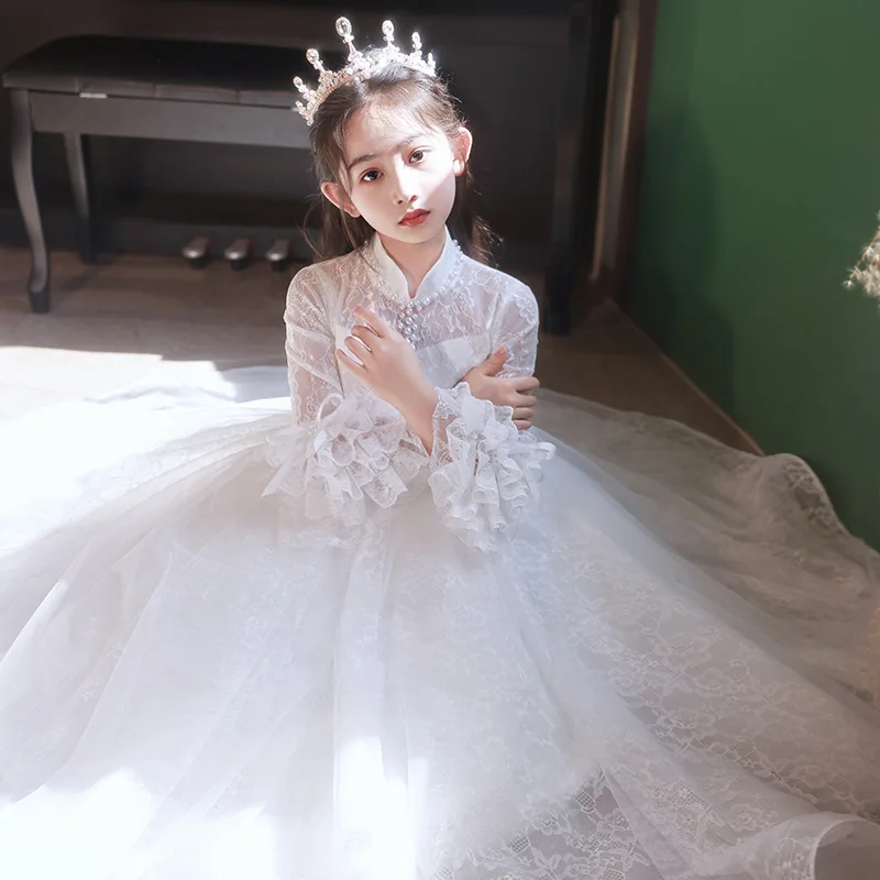 Kids Dresses For birthday Party Wedding costume Lace white pearl Beading Long sleeved Children Pageant Gown Girls Princess Dress