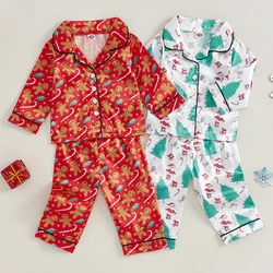 2024-07-09 Lioraitiin Kids Pajamas Set Christmas Element Print Button Long Sleeves Shirt and Elastic Pants Loungewear Sleepwear