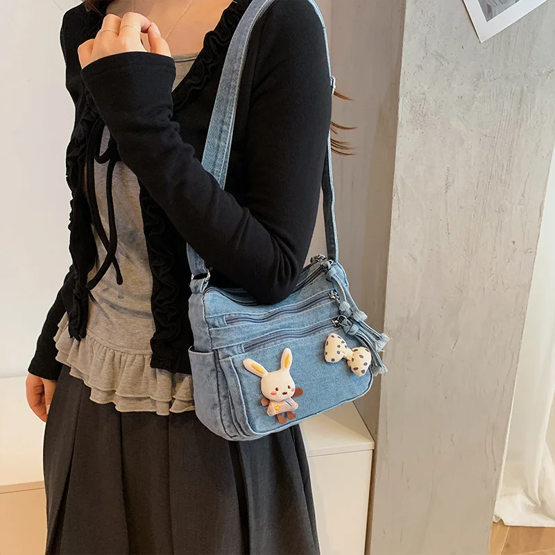 Cartoon Rabbit Canvas Bag Women Large Capacity Spring Summer New Style Casual Crossbody Shoulder Bag for Commute
