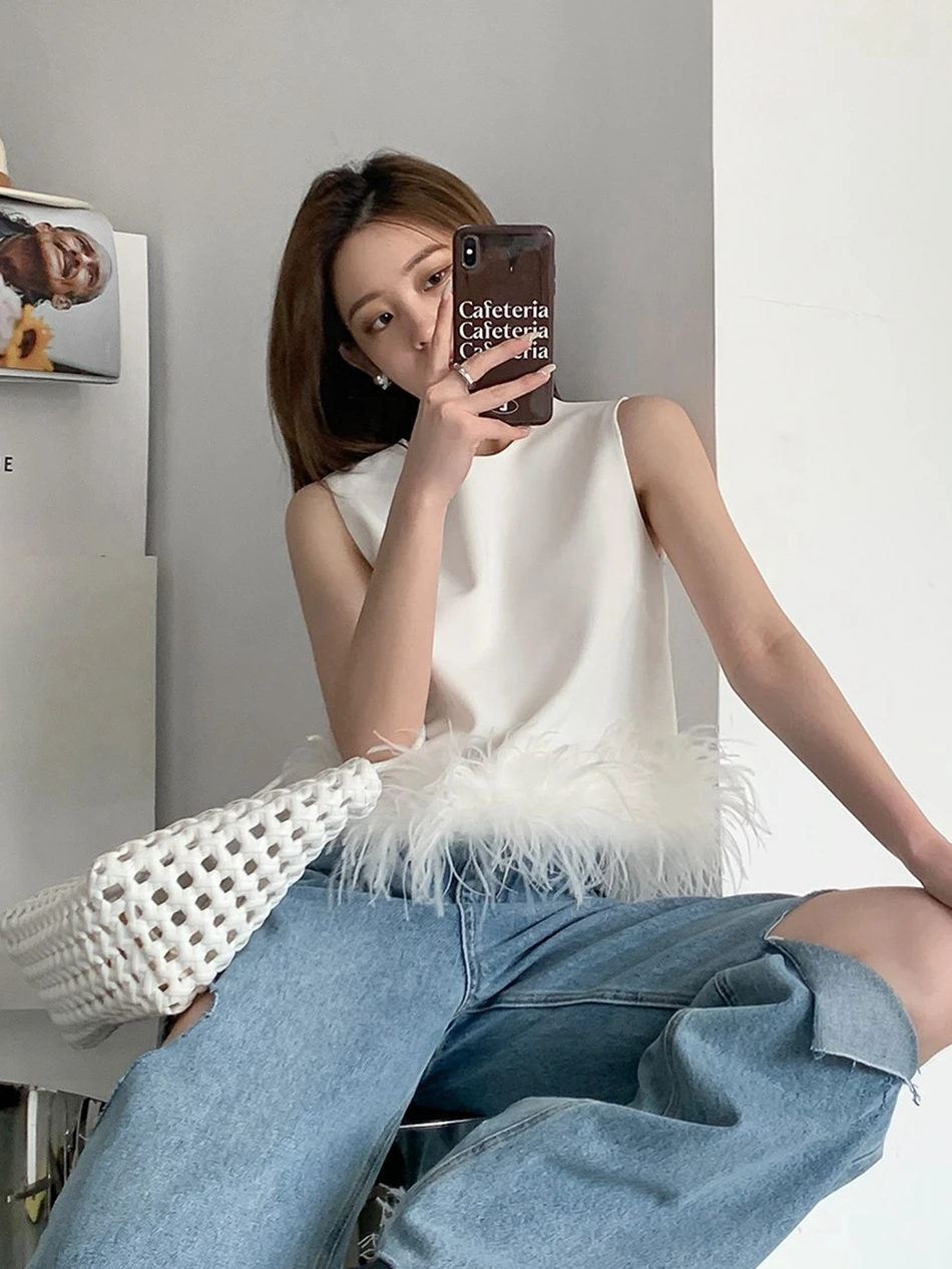 Elegant Heavy-Tassel Ostrich Feather Trim Belted Tank Top Outerwear Fairy Summer Name Lady Minority Feather Short Shirt
