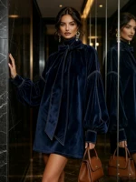 American Retro High Collar Lantern Sleeve Long Sleeve Bow Tie Elegant Velvet Women Mini Dresses Casual Autumn High Street Dress 5