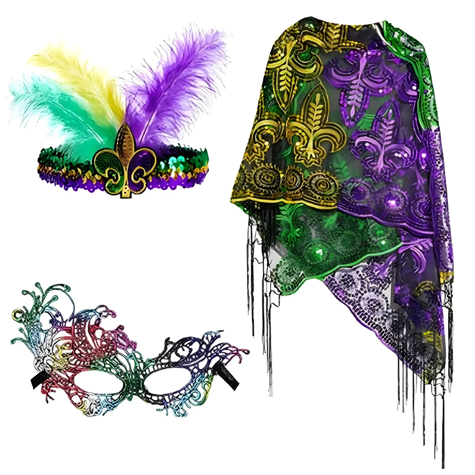 2025 New Mardi Gras Shawl Scarf Women Costume with Mardi Gras Headband Masquerade Party