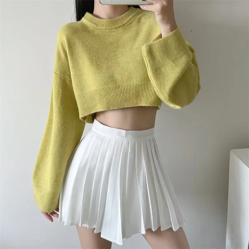 High-waisted Short Sweater for Women Korean Style Autumn Winter Solid Color Knitwear Loose Long-sleeved Tops Warm Clothing