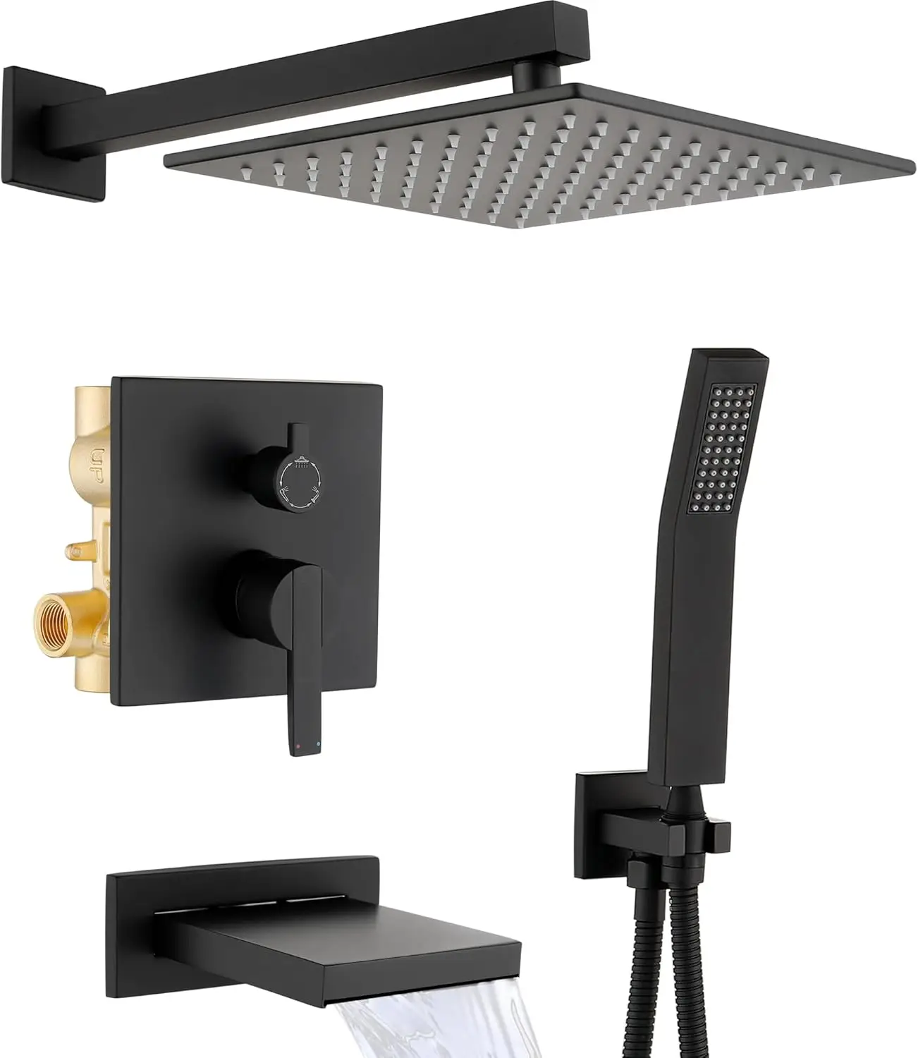 

All Metal Black Bathtub Shower Faucet Set with High Pressure Rain and Handheld Heads, Matte Black Finish