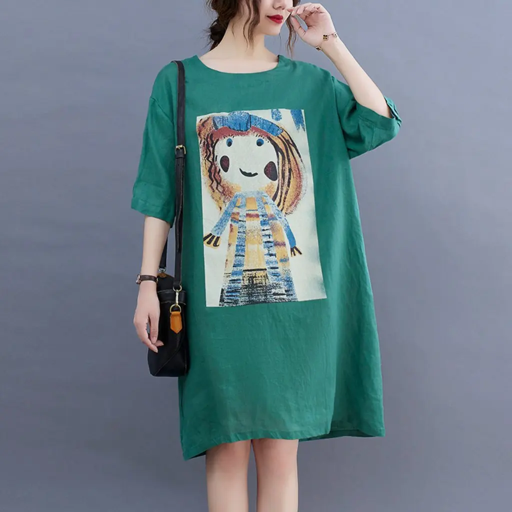 

Summer Artistic Women's T-shirt Loose Slimming Flesh Covering Crew Neck Printed Dress Large Size Fashion Upperwear
