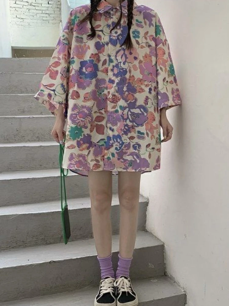 ADAgirl Harajuku Floral Print Cardigan Kimono Femme Three-quarter Sleeve Beach Cover Up Vintage Button Up Long Shirt Summer Tops