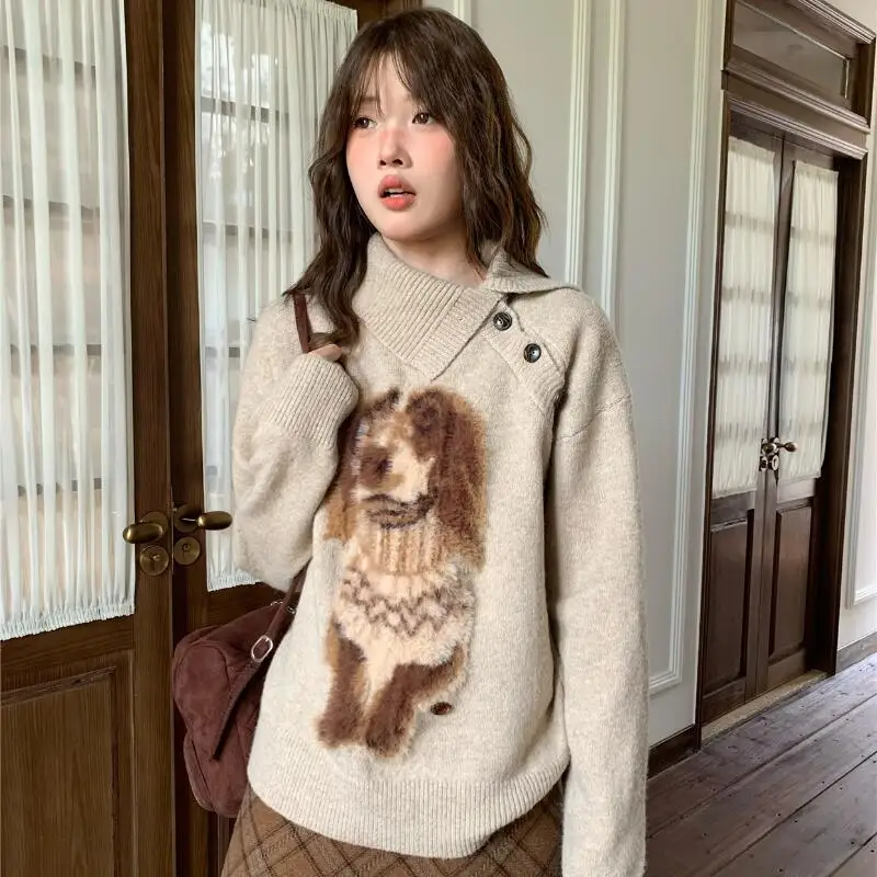 

Женский вязаный свитер цвета хаки в стиле ретро с вышитыми лацканами, осенне-зимний трикотаж, свободный уютный повседневный пуловер с длинными рукавами, модные топы