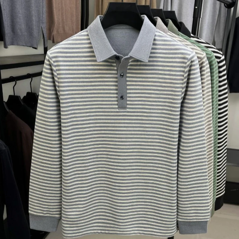 Mens Merino Wool Long Sleeve Polo Shirt Autumn Winter Striped Turn Down Collar Warm Thermal Base Layer Top