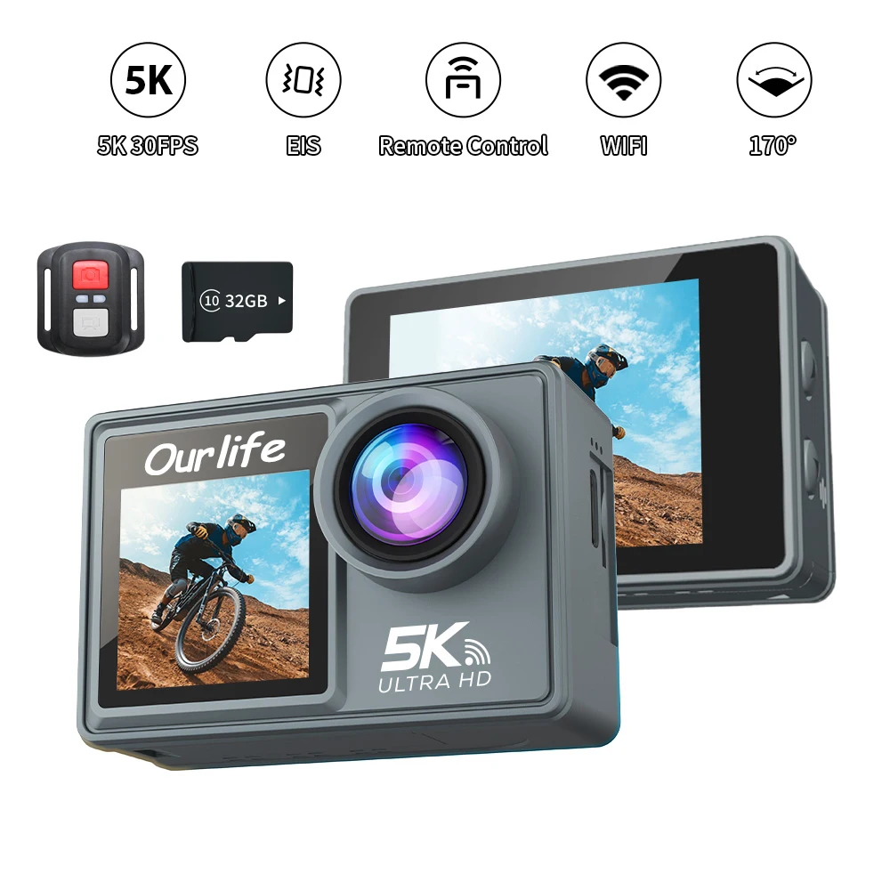 5K Action Camera 4K60FPS Dual IPS Screen EIS 170° 30M Waterproof 5X Zoom Sport Camera With Remote Control & Pre Recording