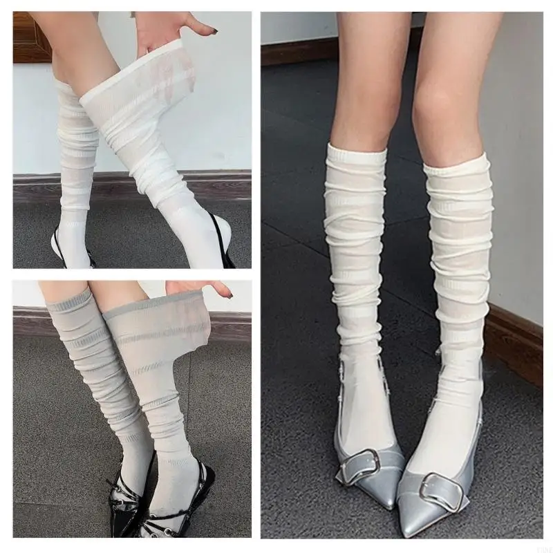 Y3NE Women Solid Color Over Knee Socks Breathable Thin Striped Scrunch Long Stockings