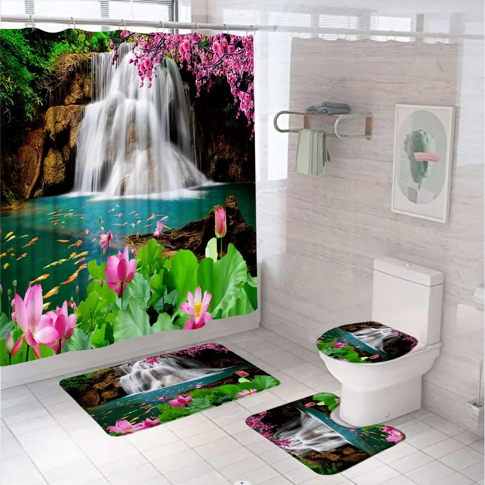 4Pcs Forest Waterfall Shower Curtain Sets Summer Dreamy Lotus Flower Leave Fish Bathroom Curtains Bath Mat Rug Toilet Lid Cover