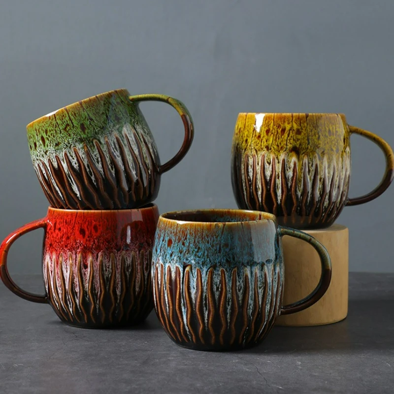 

Japanese Style Kiln Change Ceramic Cup with Handle Creative Large Capacity Vintage Household Office Drinkware Milk Mug Water Cup