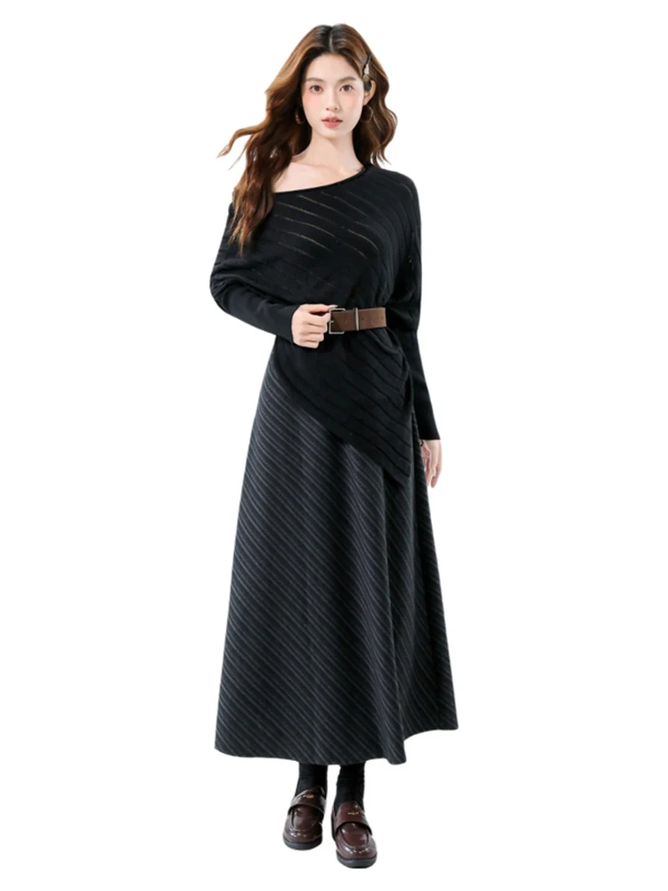 

Вязаный комплект: топ и юбка с высокой талией для женщин, модный, весенне-осенний, асимметричный дизайн, длинный рукав, теплый