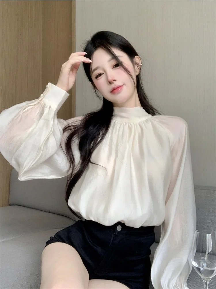 Women Blouses French Style Elegant Bandage Design Solid Temperament Summer Blusas Fashion Long Sleeve Casual Harajuku All-match