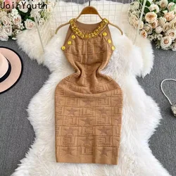 2024 Vestidos De Mujer Bodycon Dresses for Women's Heavy Diamond Sleeveless Sexy Robe Femme Knitted Tunic Fashion Mini Dress