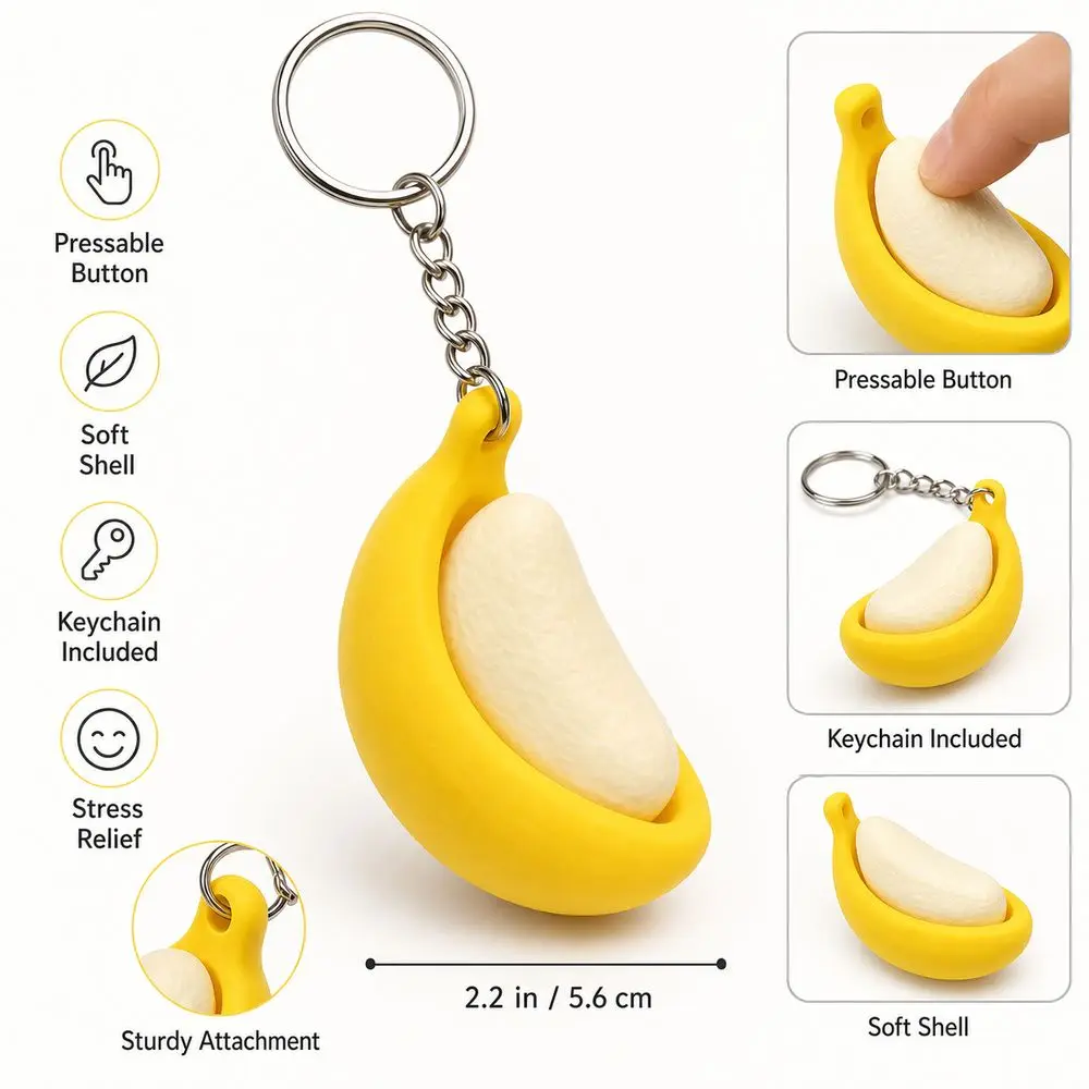 Cute 3D Printed Banana Clicker Clickable Button Banana Shape Banana Keychain Key Ring Everyday Carry