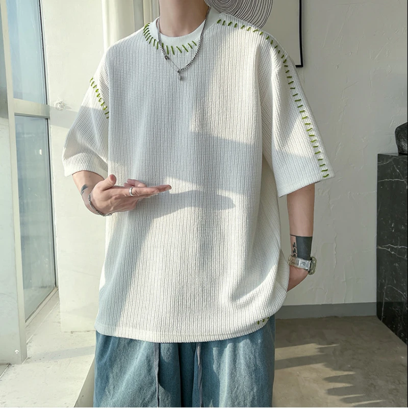 Knitting T-shirts Men Fashion Youthful Vitality Summer Half Sleeve Suture Asymmetric Japanese Style Teenagers Temperament Daily