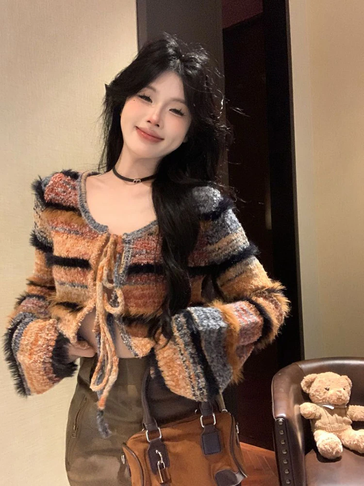 Y2K Streetwear Crop Knit Cardigan Women Lazy Wind Long Sleeve Lace Up Sweater Vintage Hottie Hairy Striped Patchwork Casual Tops