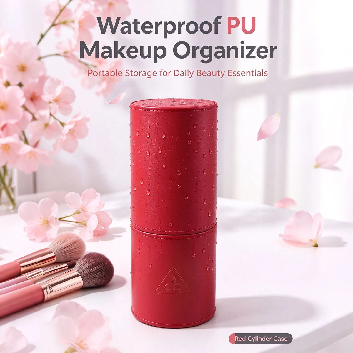 Makeup Brush Holder, Portable Cylinder PU Cosmetic Organizer, Dustproof Travel Makeup Storage Case for Brushes & Beauty Tool Red