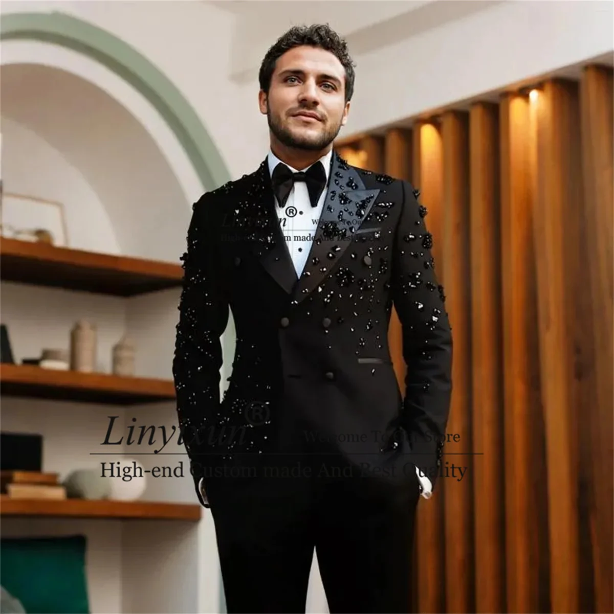 

Мужские костюмы с блестящим орнаментом и стразами, свадебный смокинг по индивидуальному заказу, комплекты из 2 предметов, вечерние пиджаки для жениха, двубортный костюм Homme
