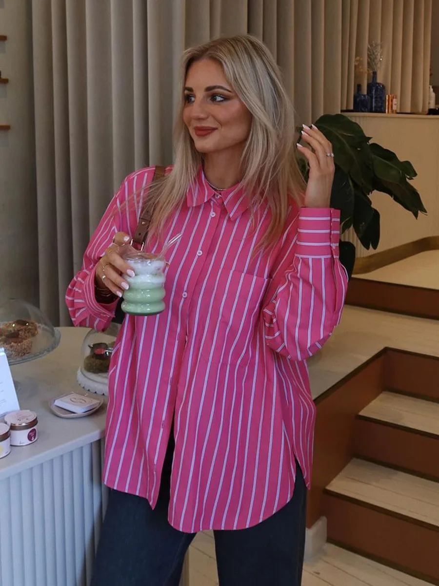 2024 New Pocket Striped Pink Blouse Women Turndown Collar Long Sleeve Blouses Autumn Casual Fashion Single Breasted Shirts Femme