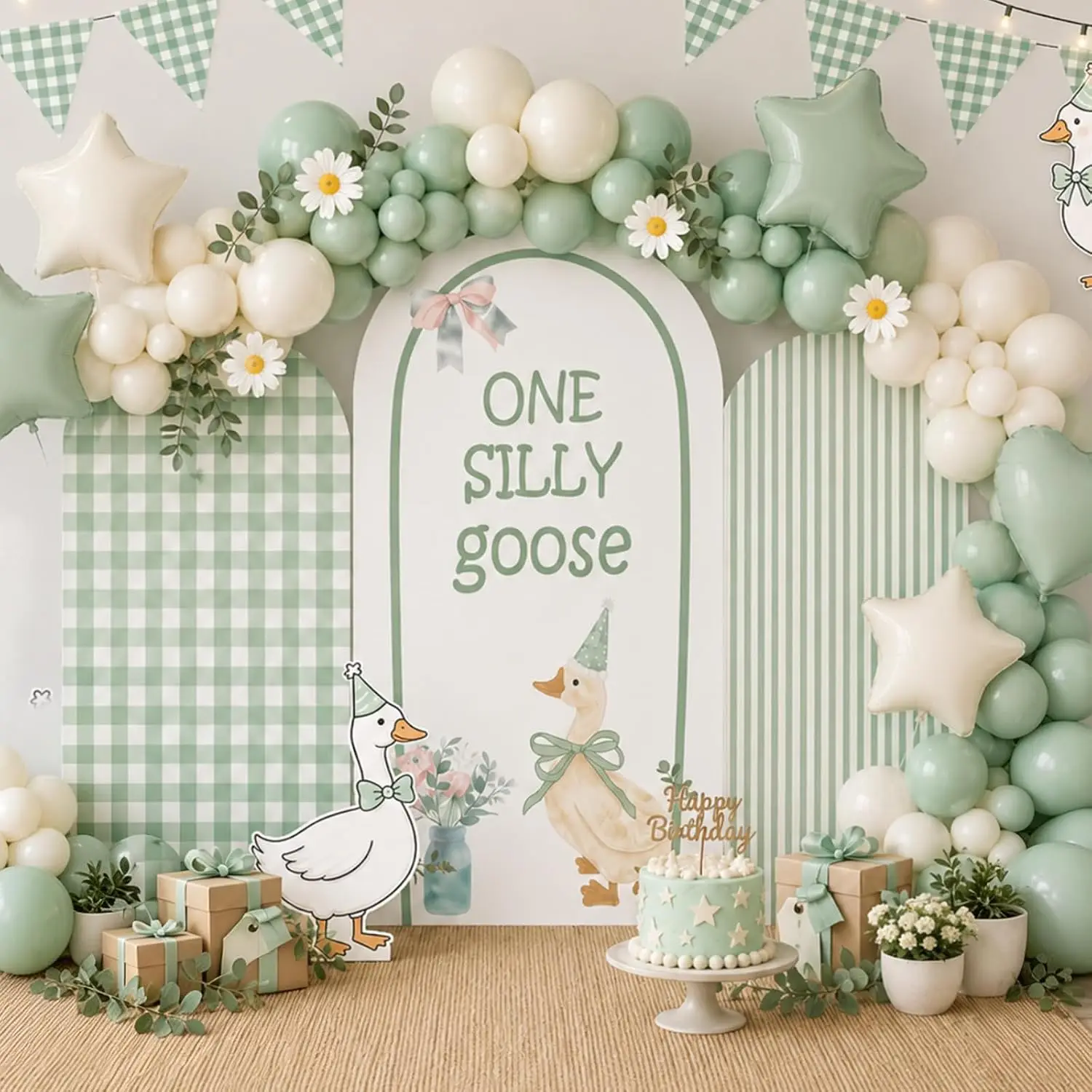 One Silly Goose Baby Shower Arch Backdrop Cover Custom 2-sided Gender Reveal Party Decor Sage Green Gingham Newborn Background